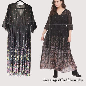 Torrid Maxi Dress Floral Chiffon Black V-Neck Sz L Casual Party Flowy Fit Flare